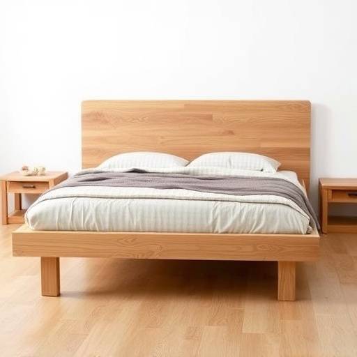 Queen-sized platform bed with a minimalist design, natural wood finish, and integrated side tables