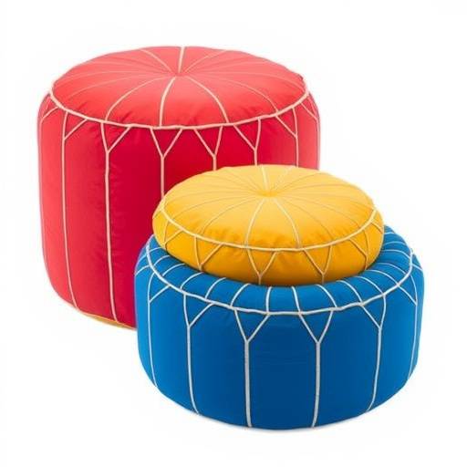 Set of three nesting poufs in varying sizes, upholstered in vibrant colors, and perfect for flexible seating arrangements