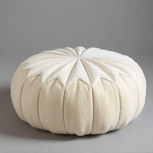 Small, round pouf covered in soft, textured fabric, perfect for resting feet or extra seating