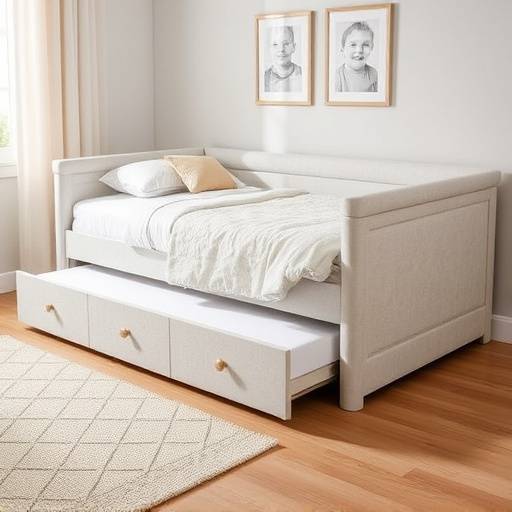 Twin-sized daybed with a trundle, upholstered in a neutral fabric, and ideal for guest rooms or small spaces